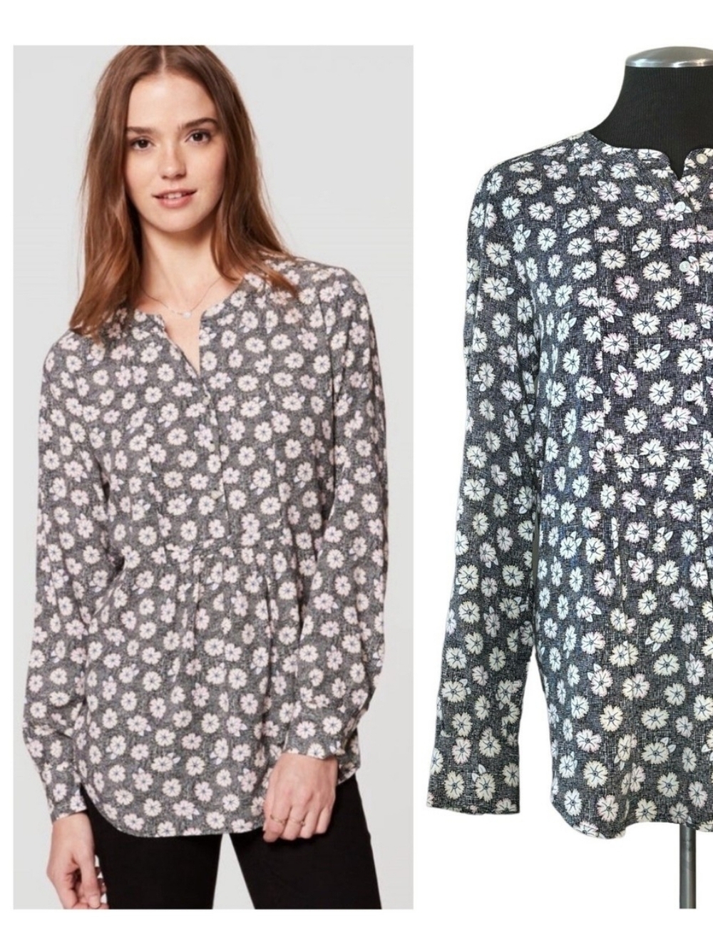 LOFT Black  Floral Long-Sleeve Blouse with Pink and Cream Flowers